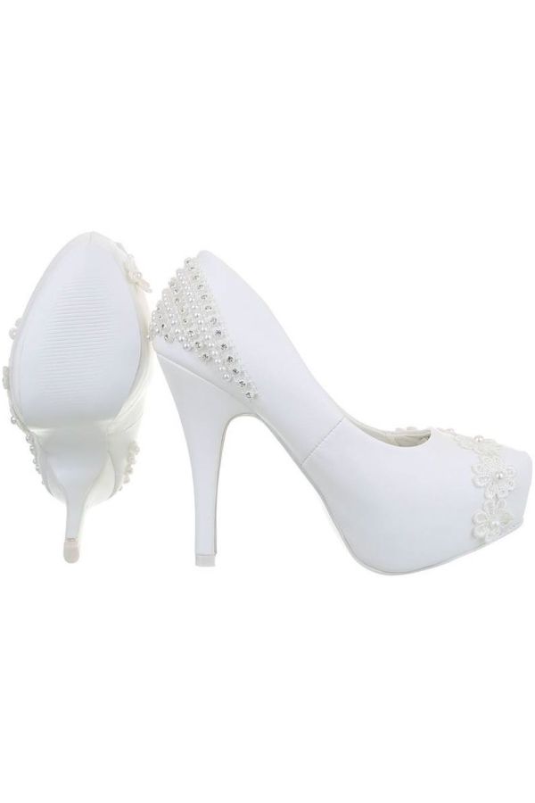 bridal pumps stones pearls lace white.