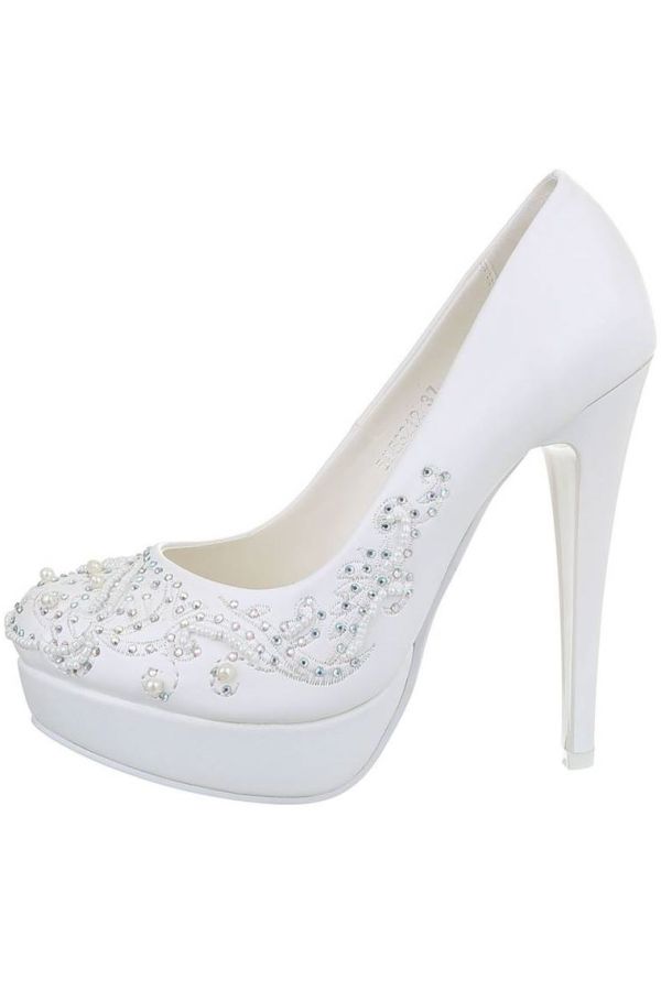 bridal pumps high heeled stones pearls white.