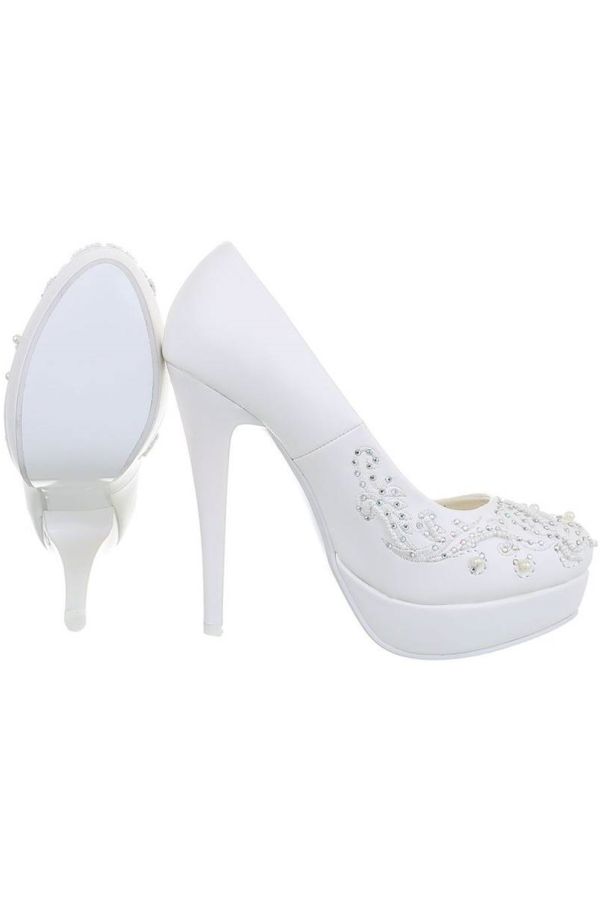 bridal pumps high heeled stones pearls white.