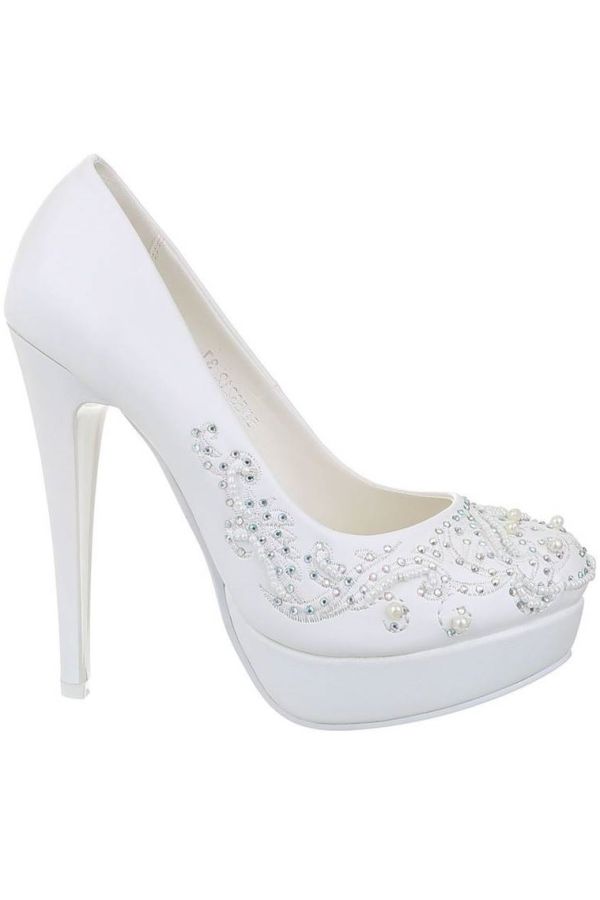 Bridal Pumps High Heeeled Stones Pearls White FSWM532121