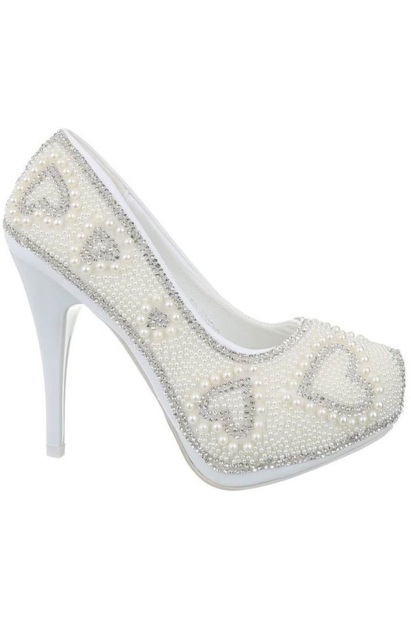 Bridal Pumps High Heeeled Hearts Pearls White FSWK32051