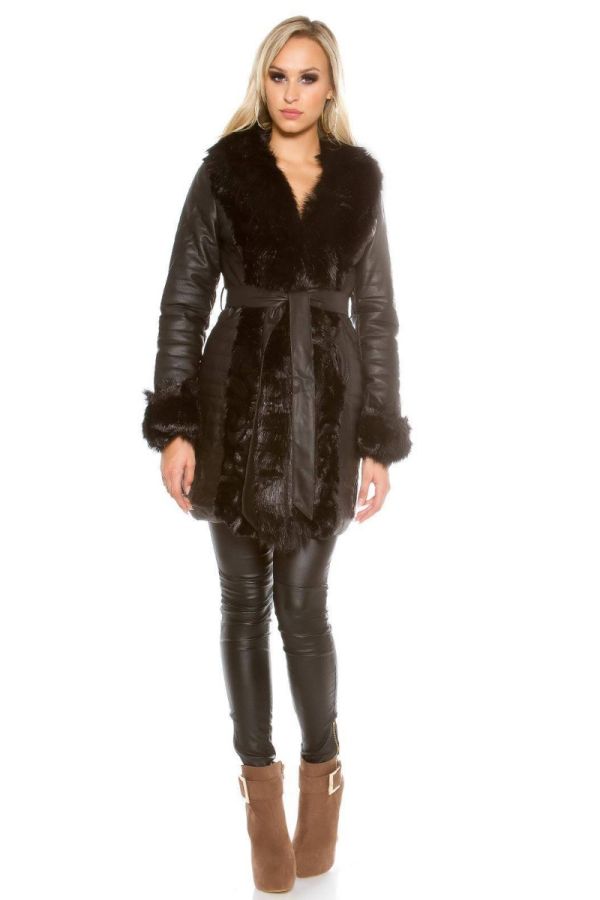 Semi Coat Elegant Fur Padded Leatherette Black ISDDA6005