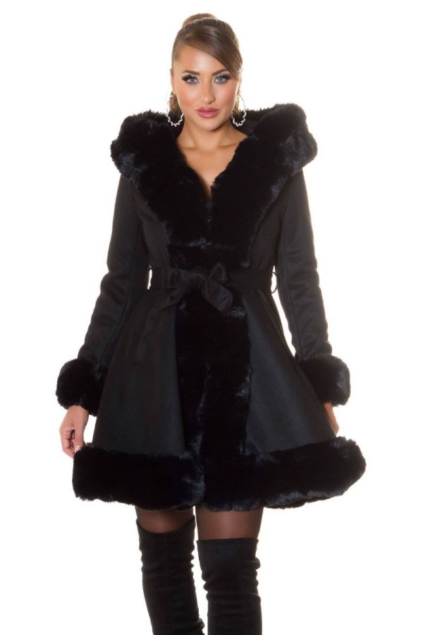 semi coat leather look fur hood black.