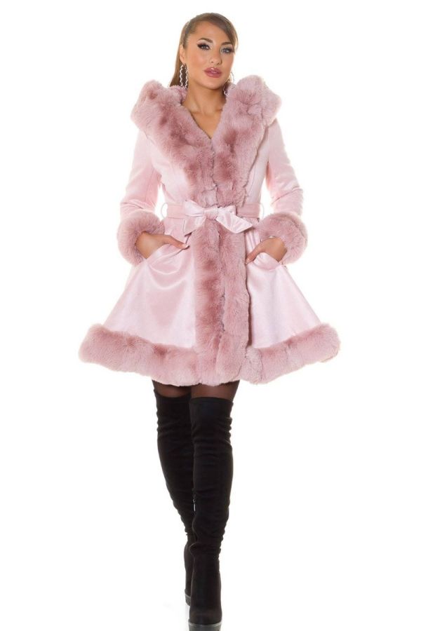 semi coat leather look fur hood pink.