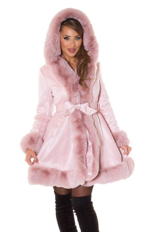 semi coat leather look fur hood pink.