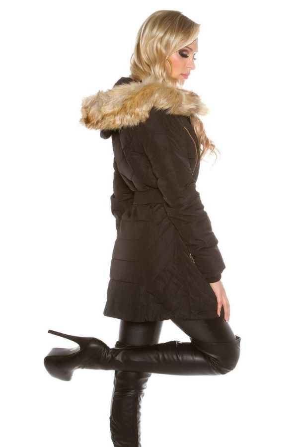 Semi Coat Elegant Padded Fur Hood Black ISDJ151240