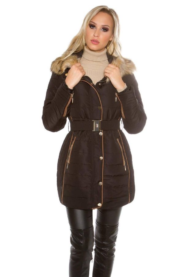 Semi Coat Elegant Padded Fur Hood Black