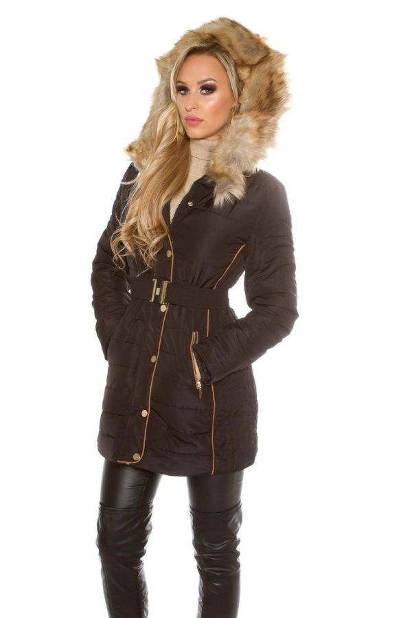 Semi Coat Elegant Padded Fur Hood Black
