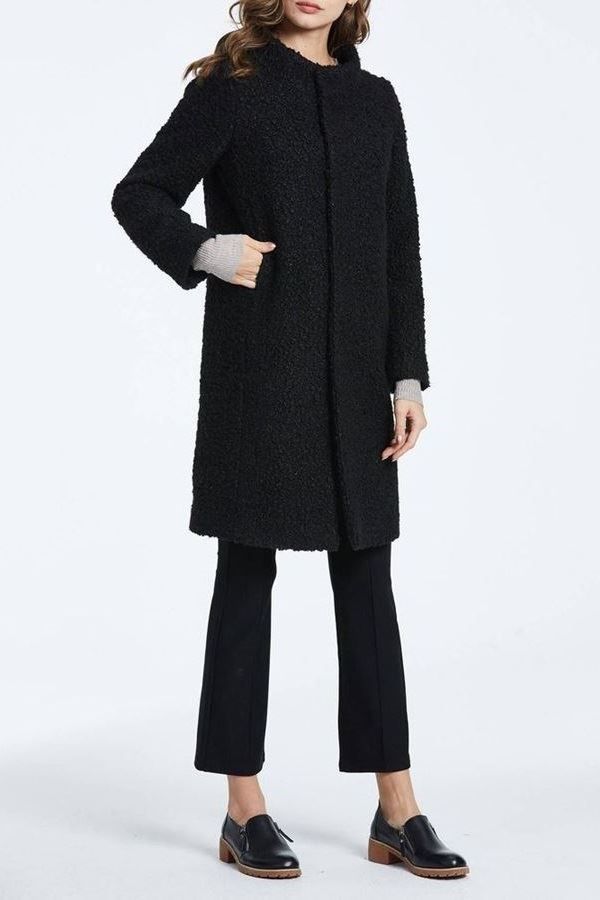Semi Coat Chic Stand Up Collar Curly Black FSWY95581