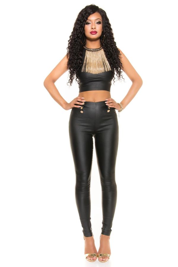sexy high waist leatherette pants with metallic buttons black