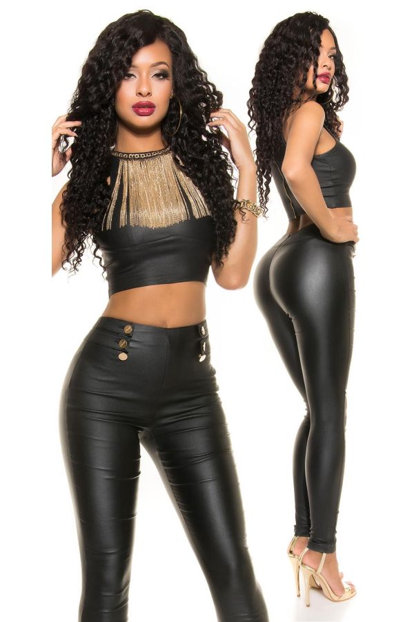 sexy high waist leatherette pants with metallic buttons black