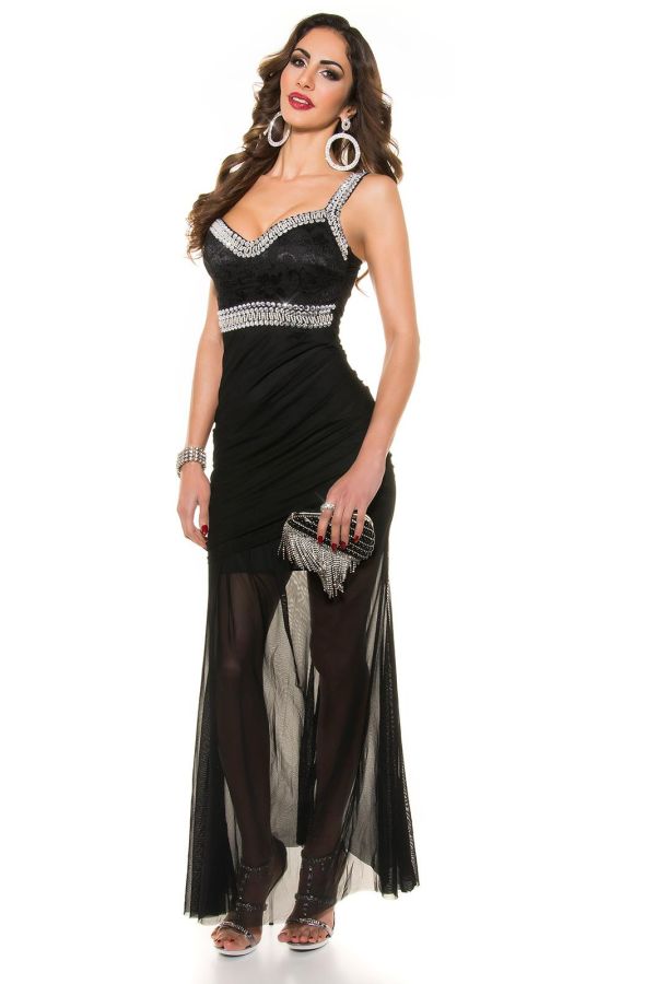 Φόρεμα Μακρύ Βραδινό Πέτρες Δαντέλα Μαύρο ISDK91261
