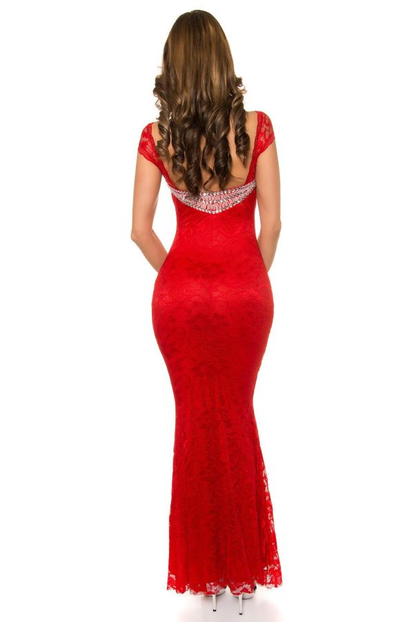 formal maxi sleeveless dress with lace and silver rhinestones red