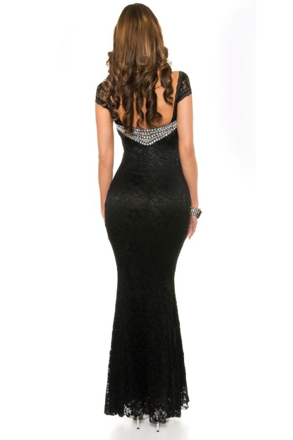 formal maxi sleeveless dress with lace and silver rhinestones black