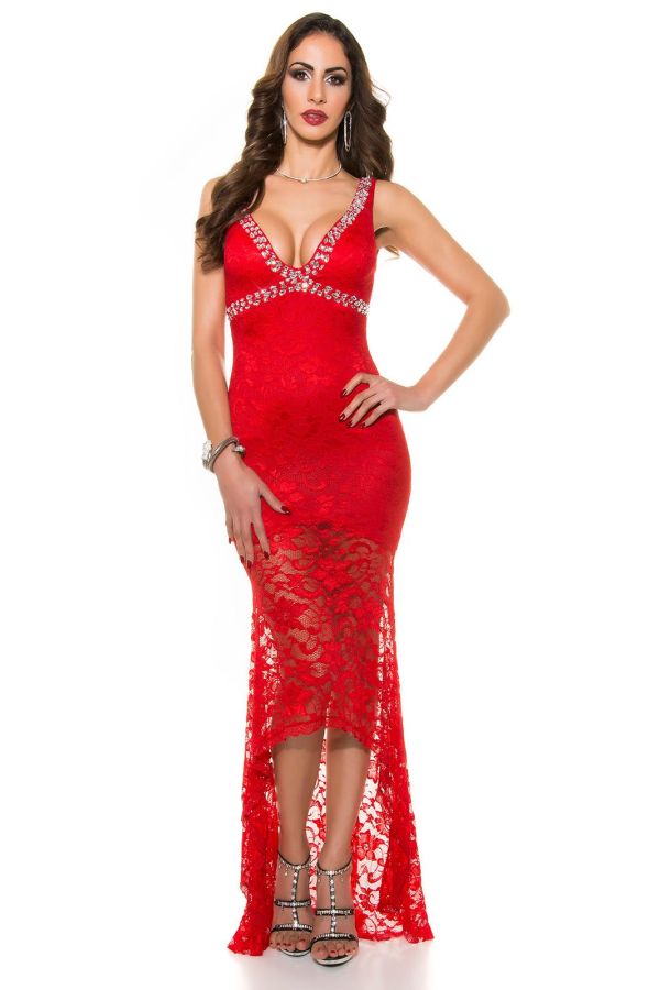 Φόρεμα Μακρύ Μάξι Δαντέλα Ασημί Πέτρες Κόκκινο ISDK914413