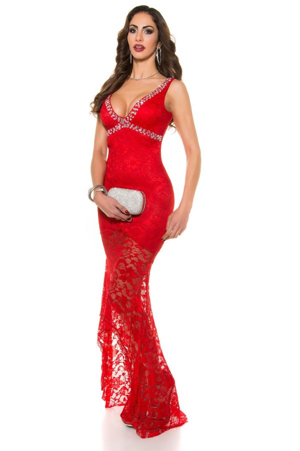 Φόρεμα Μακρύ Μάξι Δαντέλα Ασημί Πέτρες Κόκκινο ISDK914413