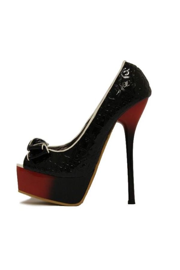 high heeled peep toe pump with white edges black red