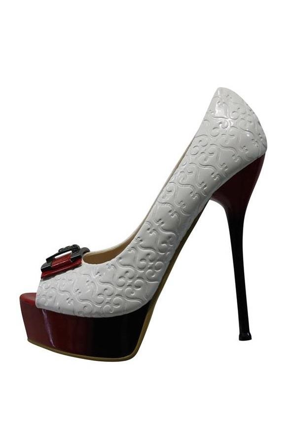 high heel peep toe pump with red-black heel and platform decorated with buckle white