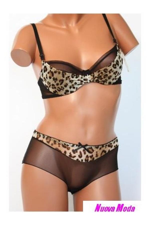 lingerie sexy set including black transpared panty and bra brown leopard