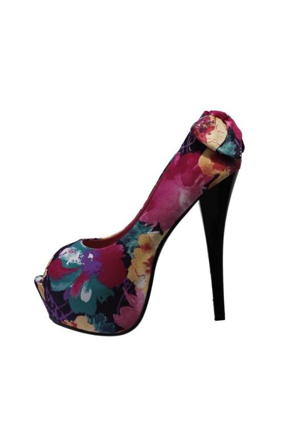 peep toe pump high heel floral multicolor pink.