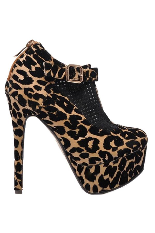 high heels ankle boot decorated with black mesh leopard