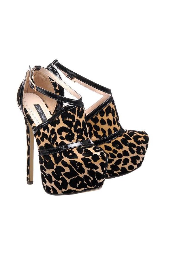 high heels ankle boot-sandal open at side with black patent panels leopard