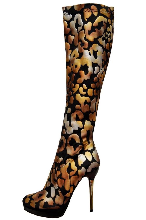 εντυπωσιακή ελαστική μπότα με μεταλλικό χρυσαφί τακούνι και φερμουάρ λέοπαρ