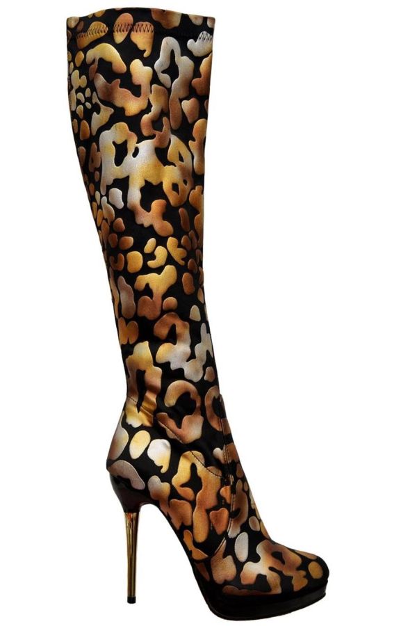 stretch boot with golden heel leopard
