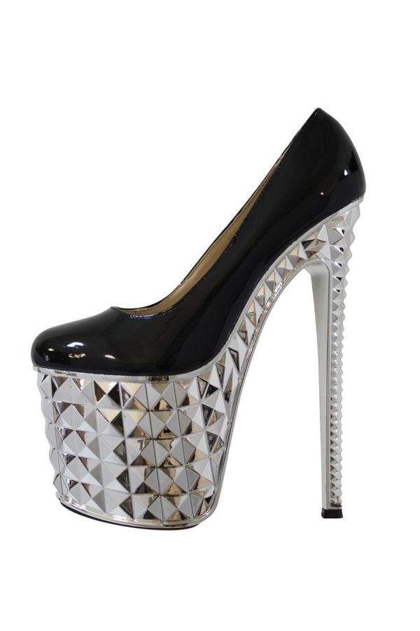 high heel patent pumps decorated with silver crystallized platform and heel black
