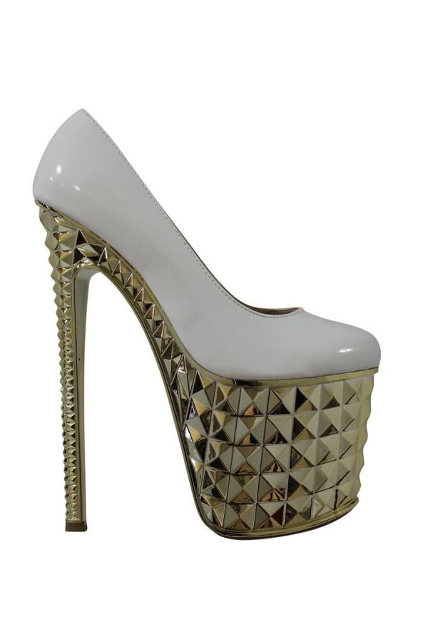 high heel patent pumps decorated with golden crystallized platform and heel white