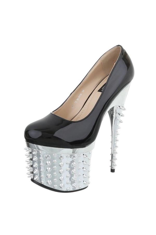 high heel patent pumps decorated with silver studs plateau and heel black