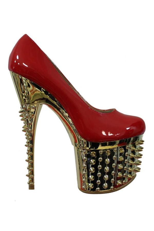 high heel patent pumps decorated with silver studs plateau and heel red