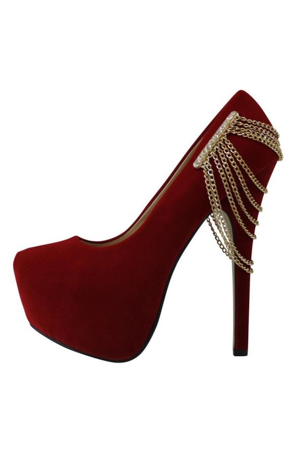 high heel suede pumps decorated with golden chains and internal platform red