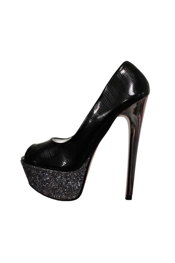 peep toe pumps high heeled silver glitter croco black.