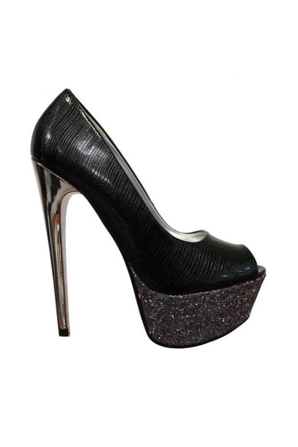 peep toe pumps high heeled silver glitter croco black.