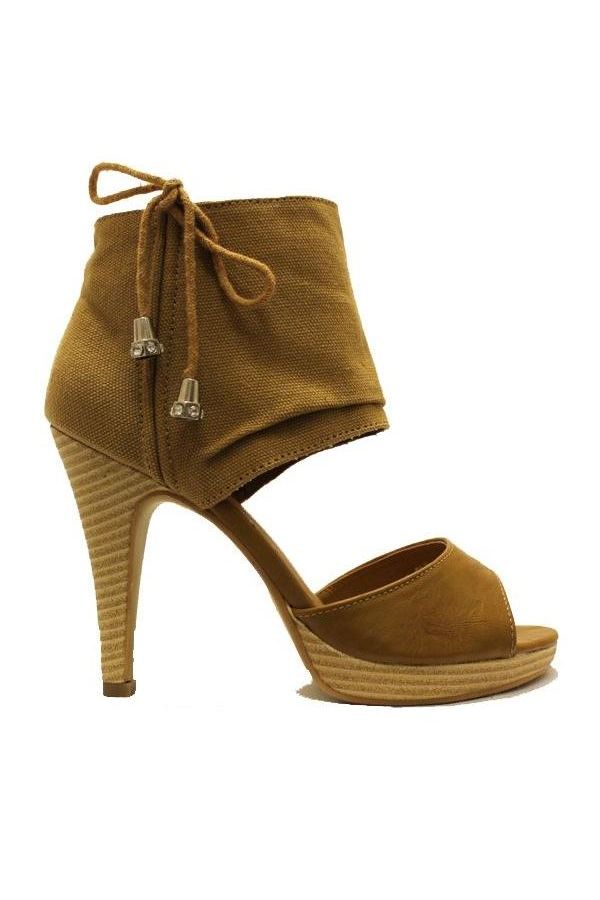 fabric sandal with wooden heel camel