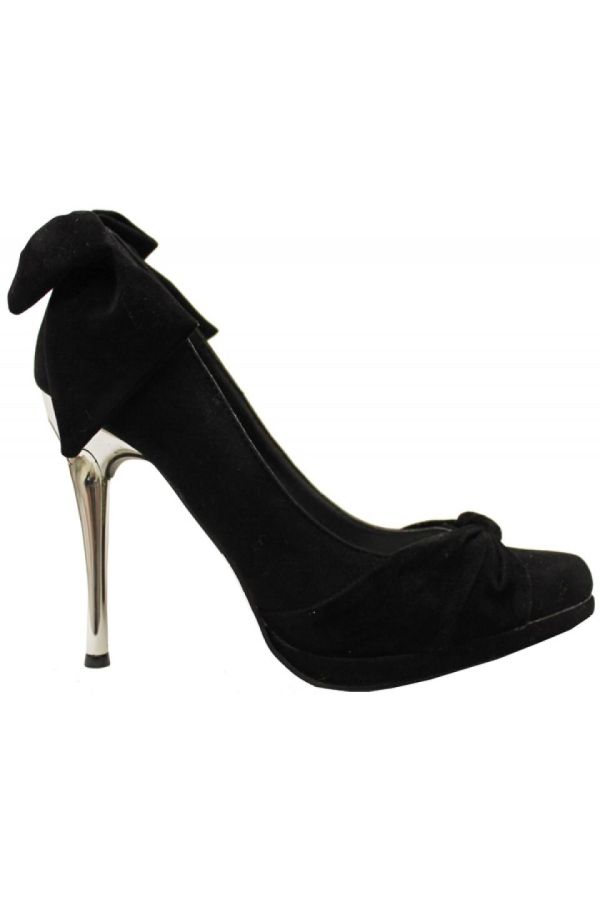 suede pump with silver metallic heel and decorated with bow black