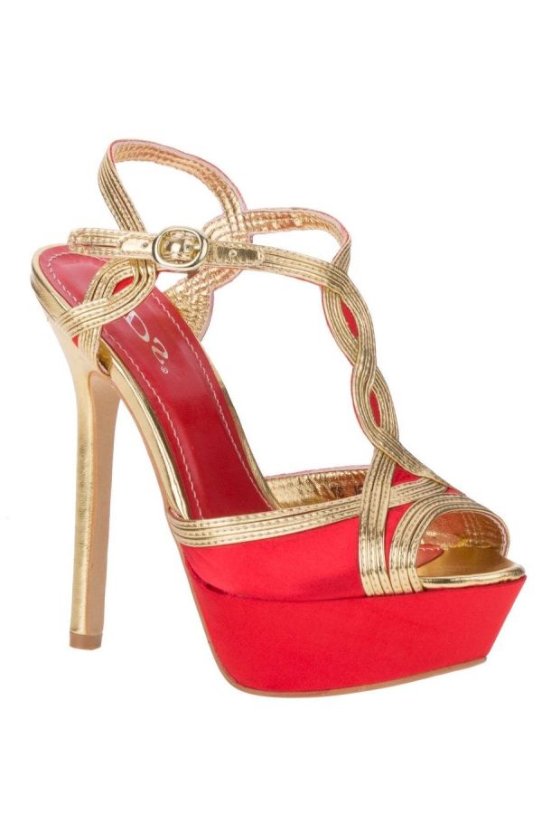 formal satin sandal with gold heel and decoration red