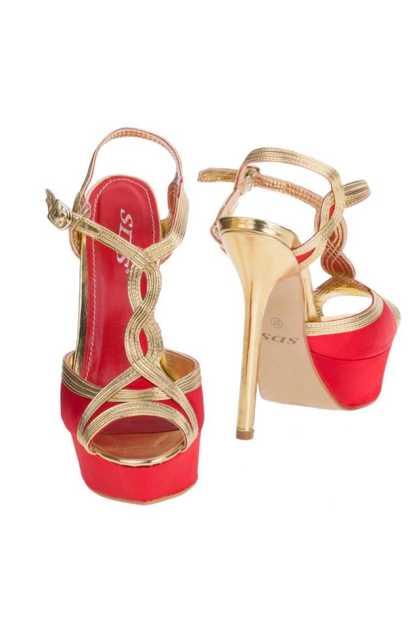 formal satin sandal with gold heel and decoration red