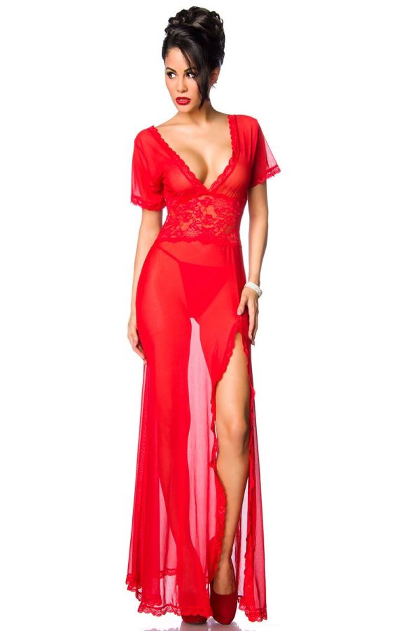 lingerie sexy set consisting transpared net maxi gown and thong red
