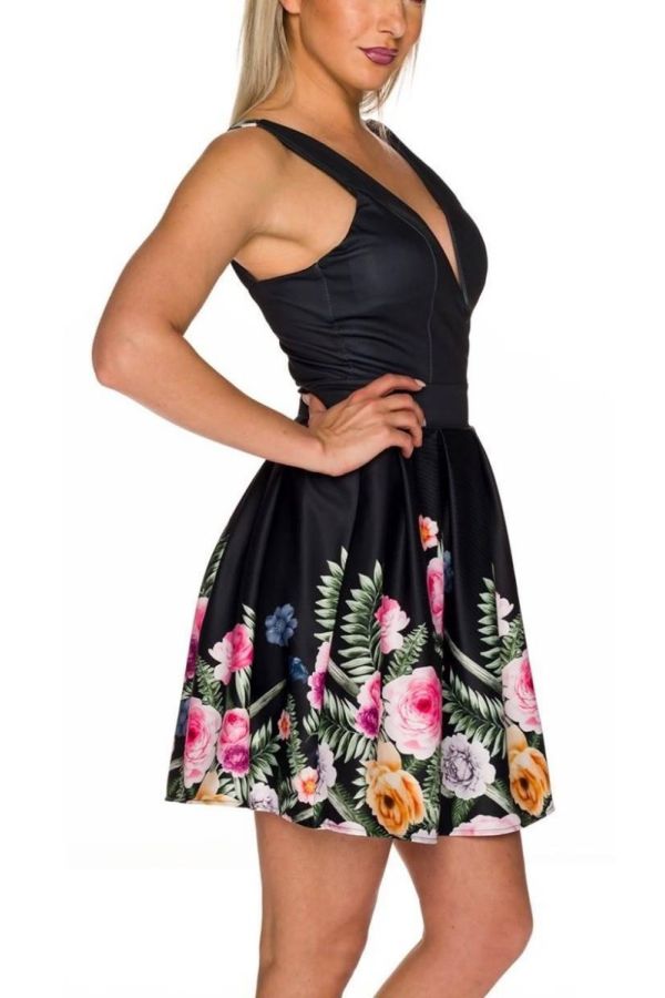 Φόρεμα Κοκτέιλ Πολύχρωμο Floral Μαύρο QQ1725749