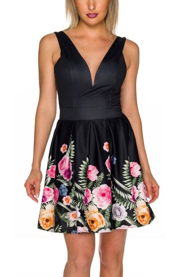 Φόρεμα Κοκτέιλ Πολύχρωμο Floral Μαύρο QQ1725749