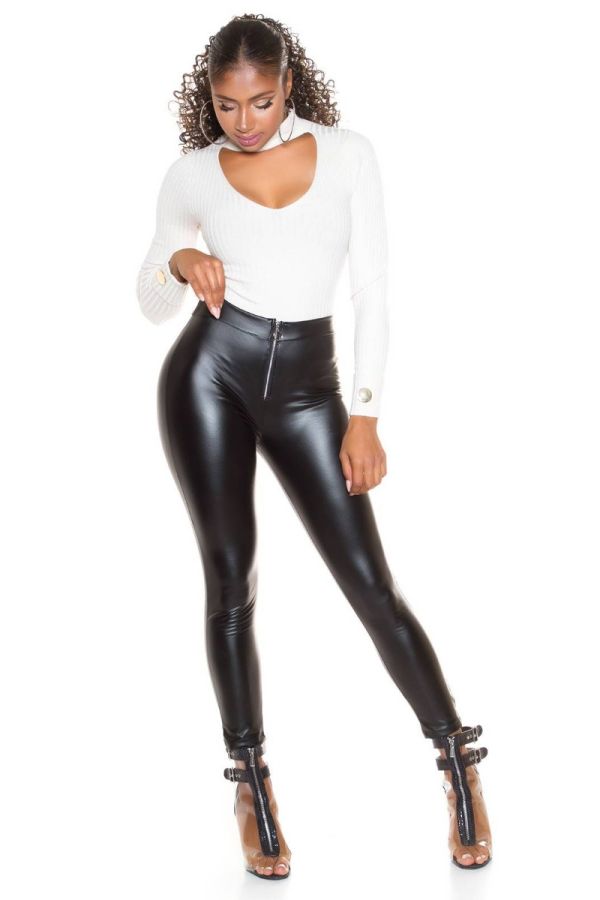 leggings high waist zipper wetlook black.