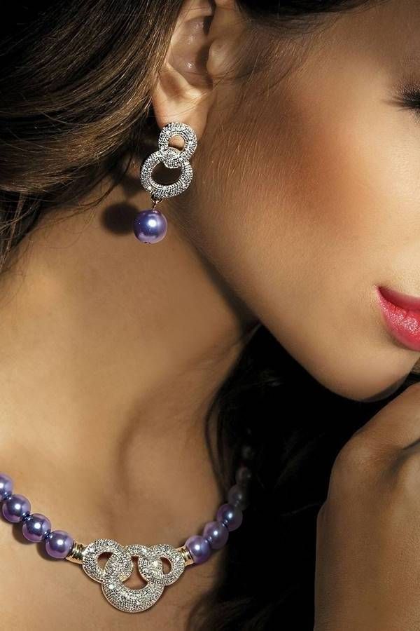 Set Jewelry Pearls Necklace Bracelet Earrings Purple GTOI159990