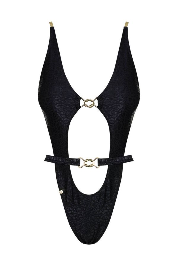 One Piece Swimsuit String Sexy Gold Straps Black SPAOB20686