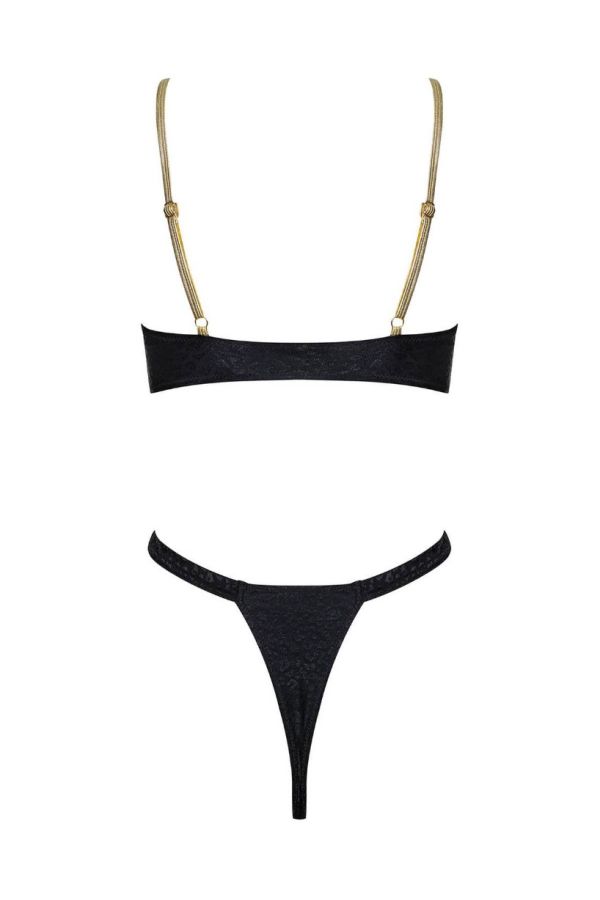 One Piece Swimsuit String Sexy Gold Straps Black SPAOB20686