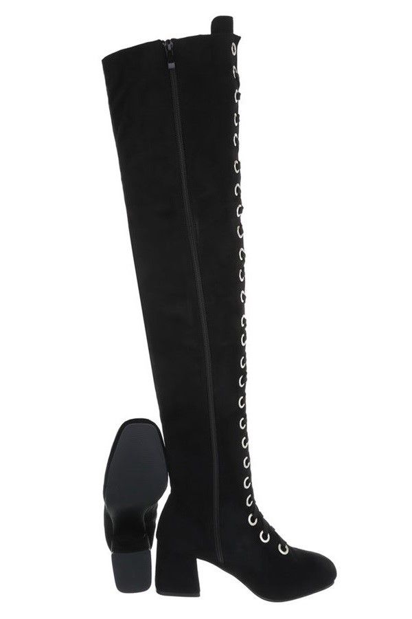 Μπότες Ψηλές Γόνατο Κορδόνια Χοντρό Τακούνι Μαύρες FSW20611
