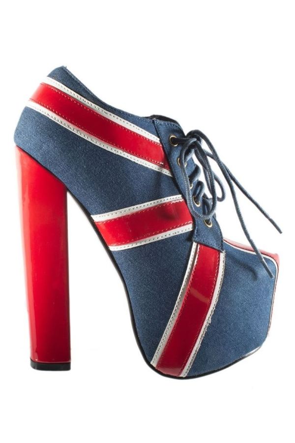womans blue and red jean ankle boots with cords.