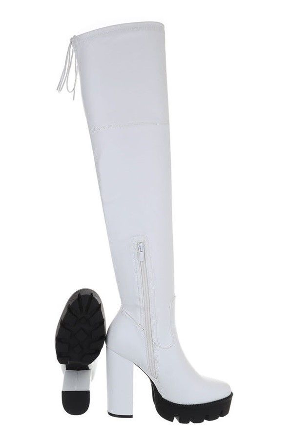 Μπότες Γόνατο Ελαστικές Χοντρό Τακούνι Άσπρες FSW237561