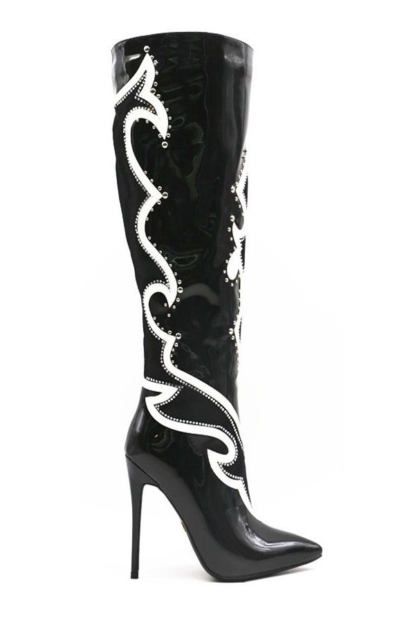 μπότες exclusive μυτερές άσπρο σχέδιο λουστρίνι μαύρες.
